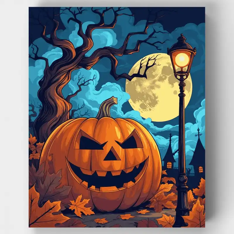 Escena Nocturna de Calabaza de Halloween - Kit de pintar por números - Lienzo Enrollado / 24 Colores Moderno