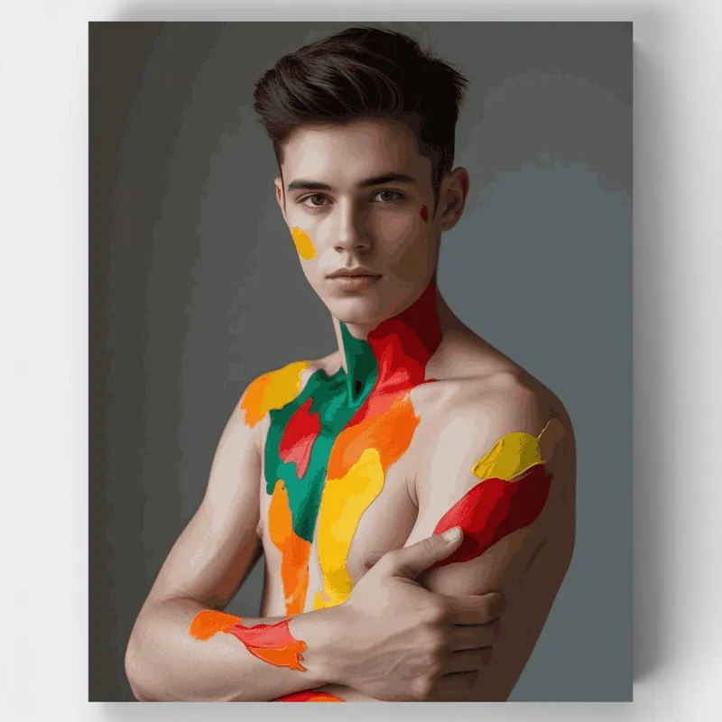 Retrato Masculino Colorido con Pintura Corporal - Kit de pintar por números - Lienzo Enrollado / 24 Colores Promoción Exclusiva