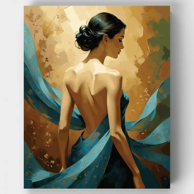 Súper Precio Mujer Elegante en Tela Azul Fluida - Kit de pintar por números - Lienzo Enrollado / 24 Colores