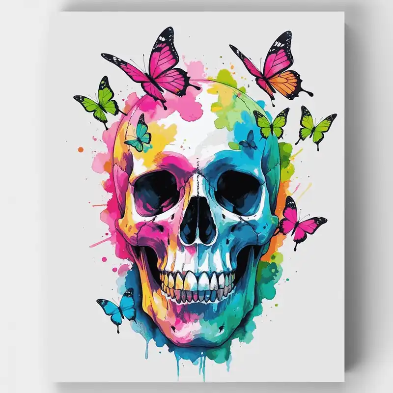 Calavera Colorida con Mariposas - Kit de pintar por números - Lienzo Enrollado / 24 Colores Disponible Ahora