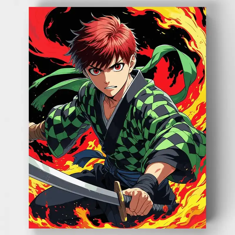 Guerrero Anime con Espada en Llamas - Kit de pintar por números - Lienzo Enrollado / 24 Colores Ordena Ya
