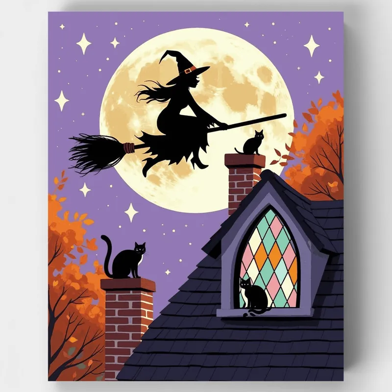 Bruja Volando Sobre Pueblo Iluminado por la Luna - Kit de pintar por números - Lienzo Enrollado / 24 Colores Ordenar Ahora Mismo