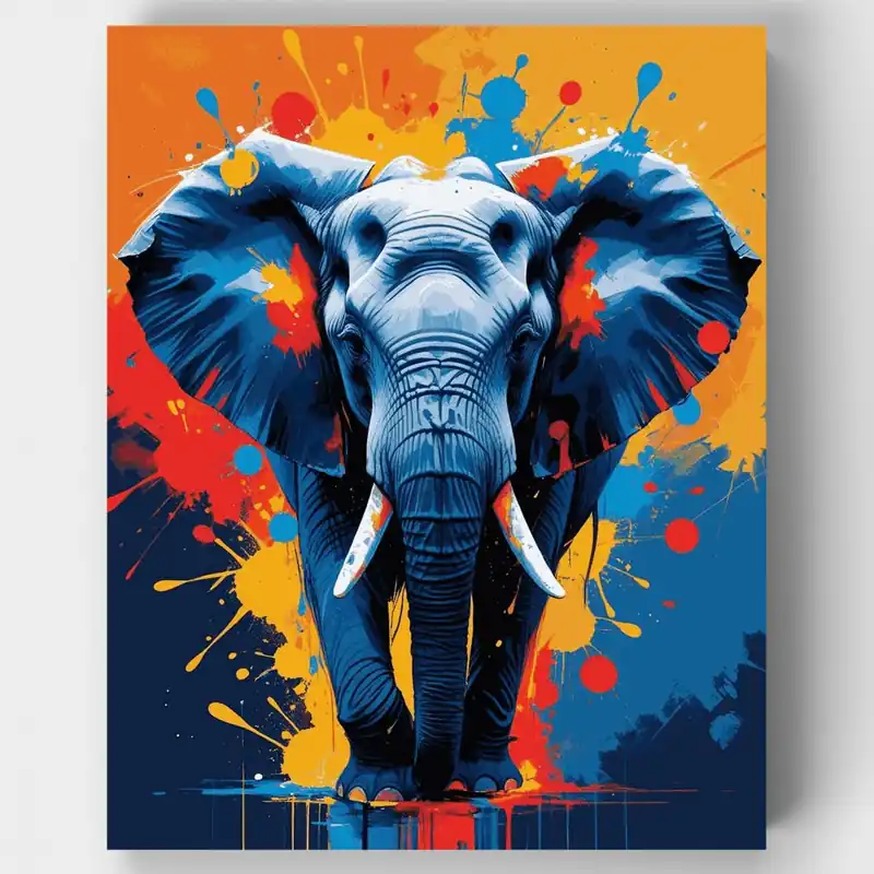 Gran Oferta Kit de pintar por números - Arte de Elefante con Salpicaduras Vibrantes - Lienzo Enrollado / 24 Colores