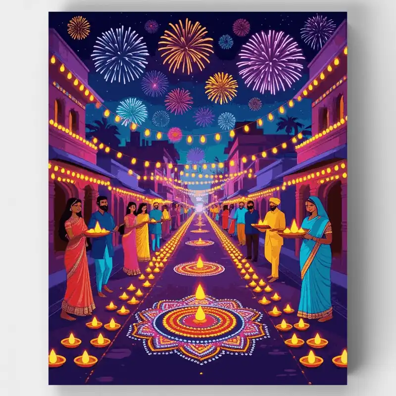 Kit de pintar por números - Celebración del Festival Diwali - Lienzo Enrollado / 24 Colores Novedad