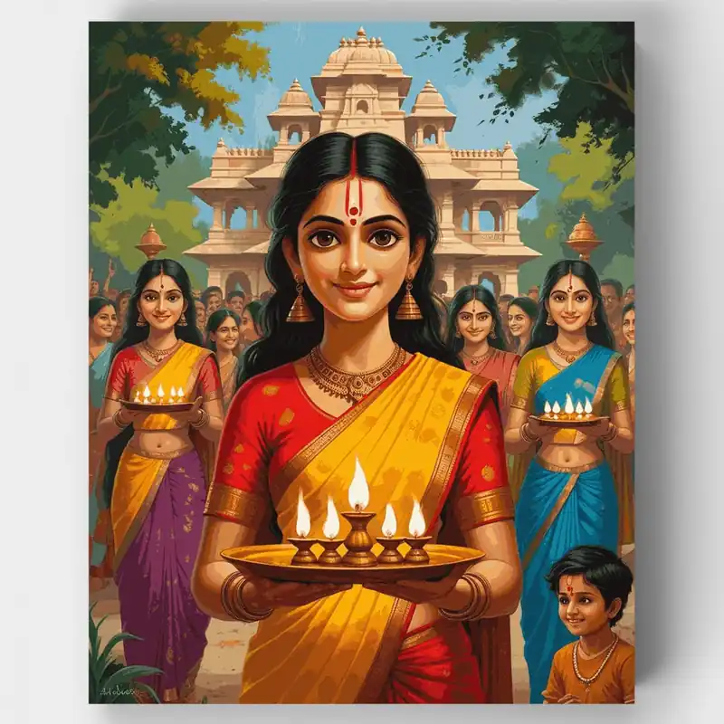 Bestseller Ceremonia Tradicional de Diwali con Lámparas de Aceite - Kit de pintar por números - Lienzo Enrollado / 24 Colores