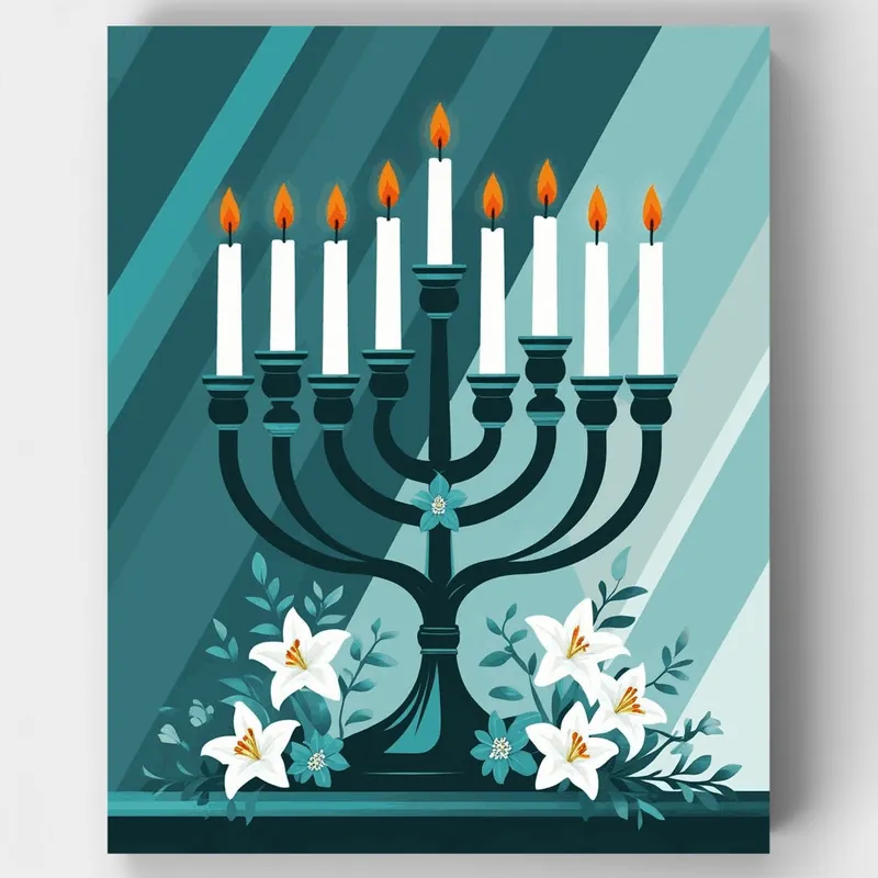 Venta Final Menorá de Hanukkah con Lirios Blancos - Kit de pintar por números - Lienzo Enrollado / 24 Colores