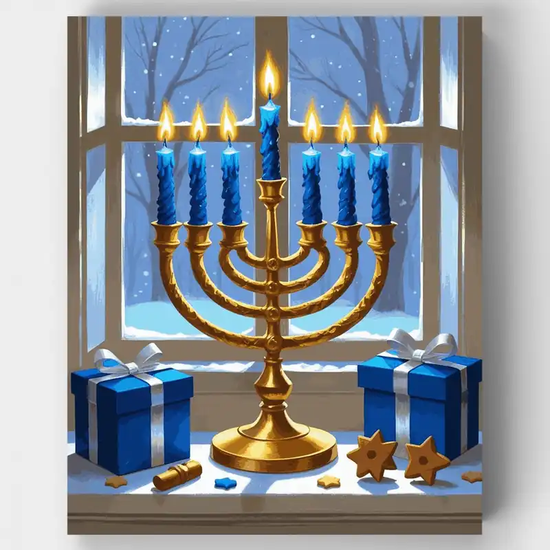 Artesanal Kit de pintar por números Menorá de Hanukkah Escena de Invierno - Lienzo Enrollado / 24 Colores