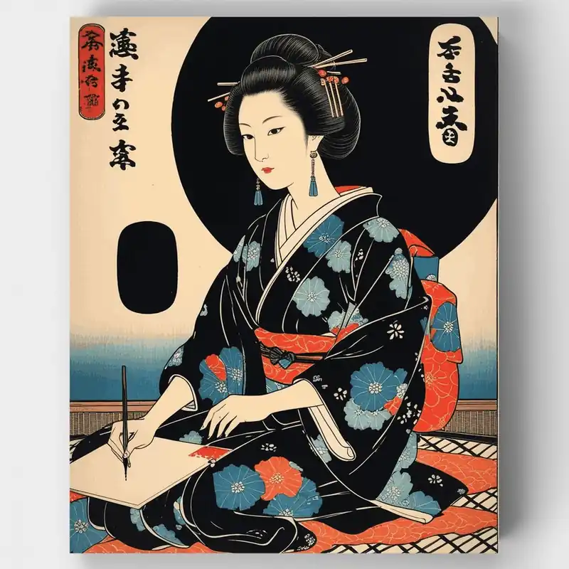 Geisha Japonesa Escribiendo Caligrafía - Kit de pintar por números - Lienzo Enrollado / 24 Colores Artesanal