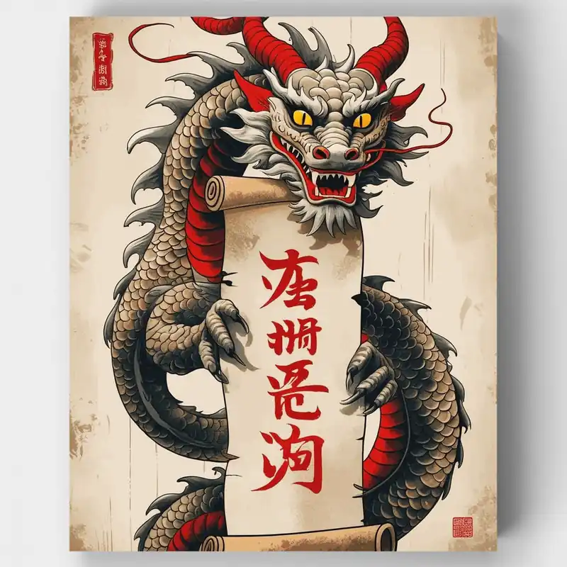 Dragón Chino Tradicional con Pergamino - Kit de pintar por números - Lienzo Enrollado / 24 Colores Liquidación