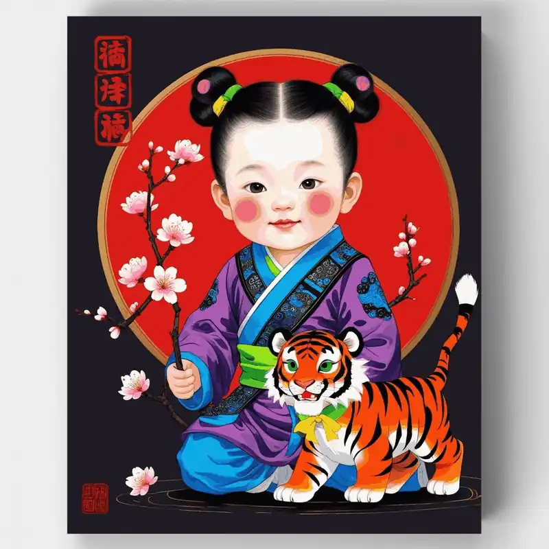 Garantía Incluida Niña China con Tigre - Kit de pintar por números - Lienzo Enrollado / 24 Colores