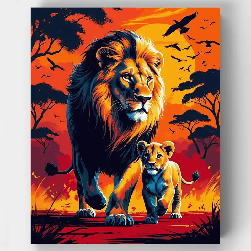Kit de pintar por números León Majestuoso Padre y Cachorro Atardecer Africano - Lienzo Enrollado / 24 Colores Edición Limitada