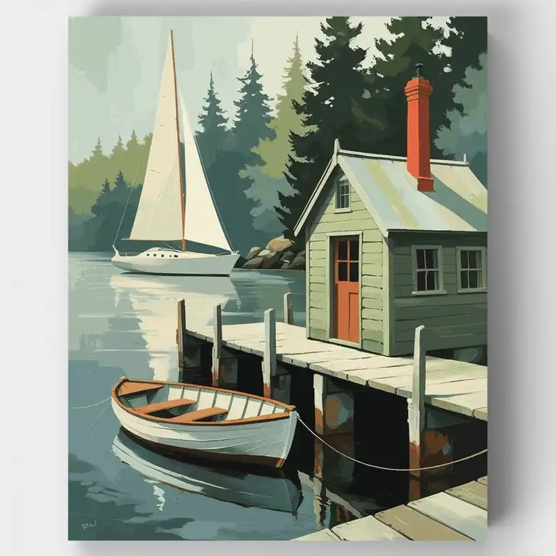 Casa de Campo junto al Lago con Velero - Kit de pintar por números - Lienzo Enrollado / 24 Colores Favorito De Clientes