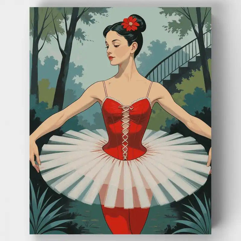 Elegante Bailarina en Tutú Rojo - Kit de pintar por números - Lienzo Enrollado / 24 Colores Edición Limitada