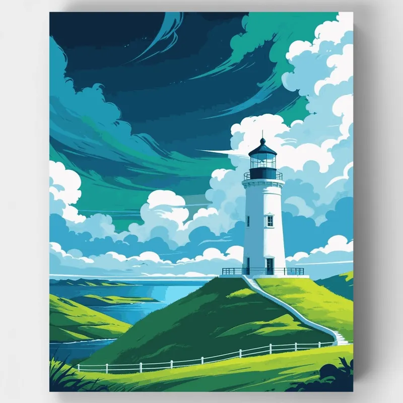 Faro Costero en Colinas Verdes - Kit de pintar por números - Lienzo Enrollado / 24 Colores Imprescindible (Must-Have)