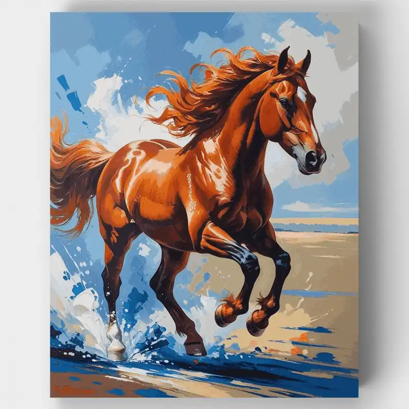 Kit de pintar por números de Majestuoso Caballo Castaño Corriendo en la Playa - Lienzo Enrollado / 24 Colores Nueva Colección