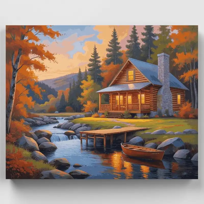 Cabaña de Troncos de Otoño junto al Arroyo - Kit de pintar por números - Lienzo Enrollado / 24 Colores Mayoreo