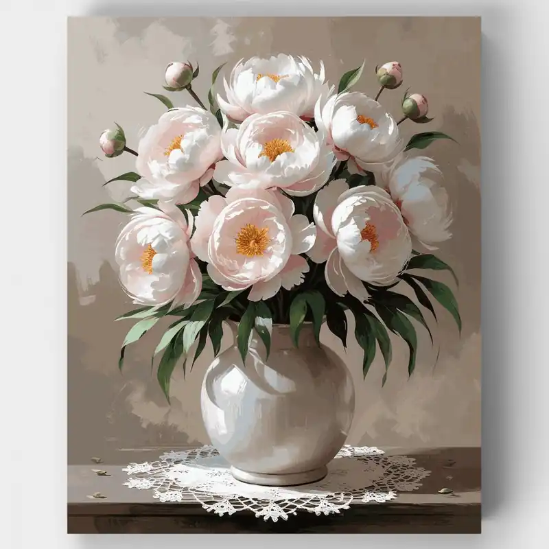 Elegantes Peonías Blancas en Jarrón Vintage - Kit de pintar por números - Lienzo Enrollado / 24 Colores Mejor Precio