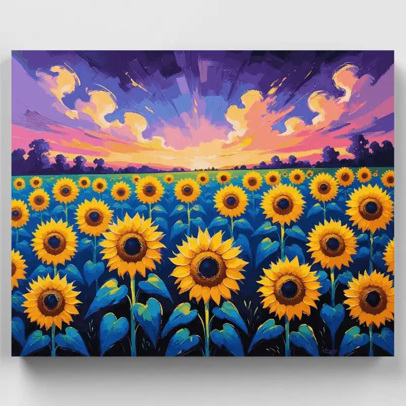 Compra Ahora Campo de Girasoles al Atardecer - Kit de pintar por números - Lienzo Enrollado / 24 Colores
