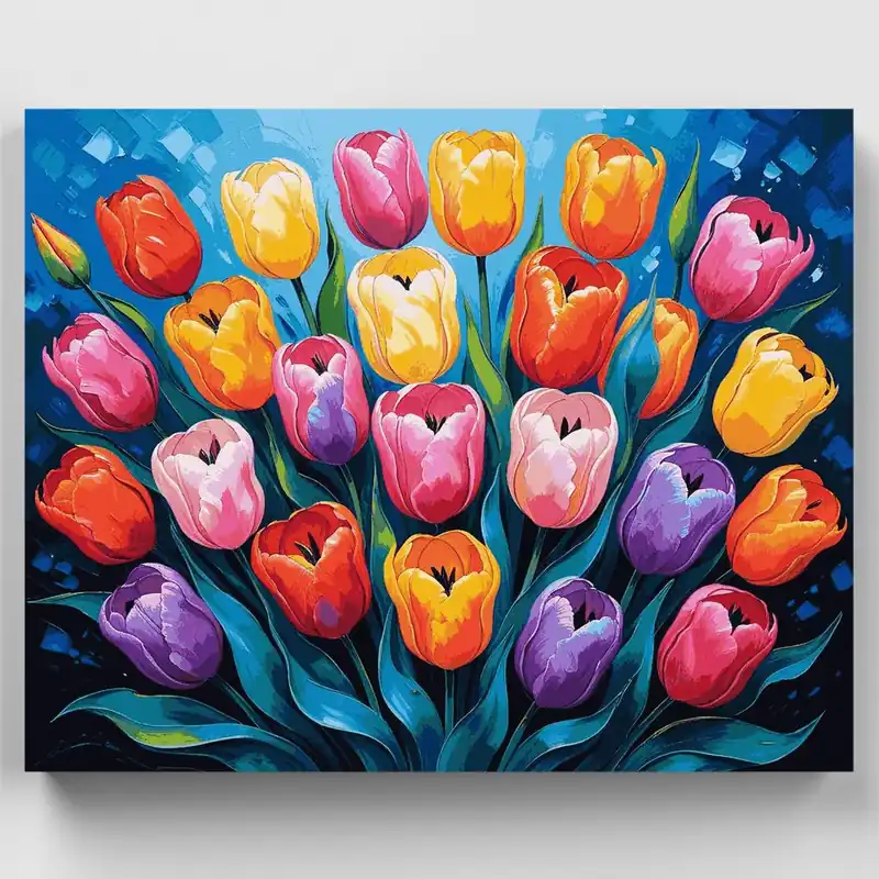 Últimas Unidades Tulipanes Coloridos sobre Fondo Azul - Kit de pintar por números - Lienzo Enrollado / 24 Colores