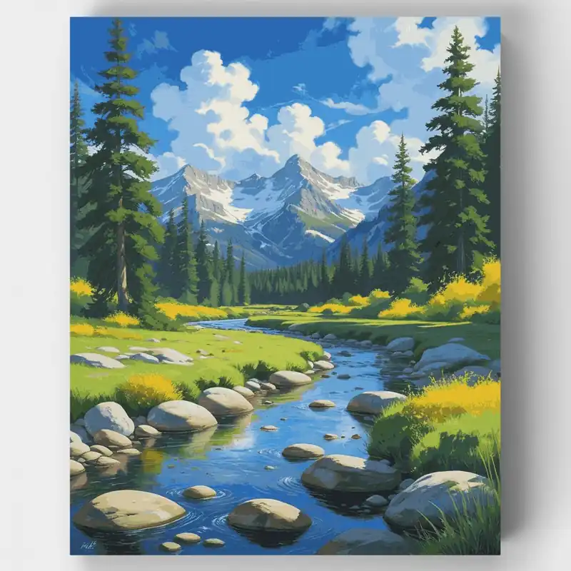 Valle de Arroyo de Montaña Paisaje - Kit de pintar por números - Lienzo Enrollado / 24 Colores Precio De Fábrica
