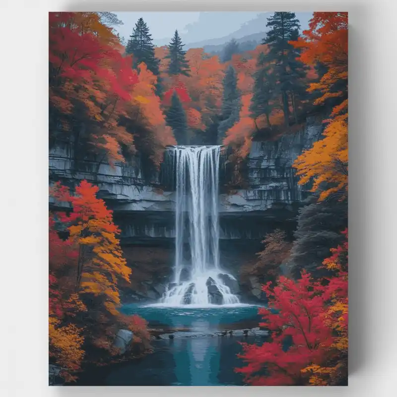 Cascada de Otoño en Bosque de Montaña - Kit de pintar por números - Lienzo Enrollado / 24 Colores Novedad