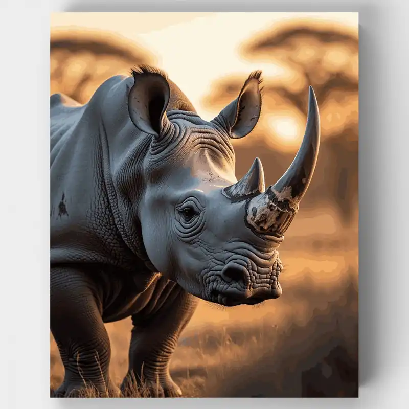 Favorito De Clientes Kit de pintar por números Rinoceronte Majestuoso en la Hora Dorada - Lienzo Enrollado / 24 Colores