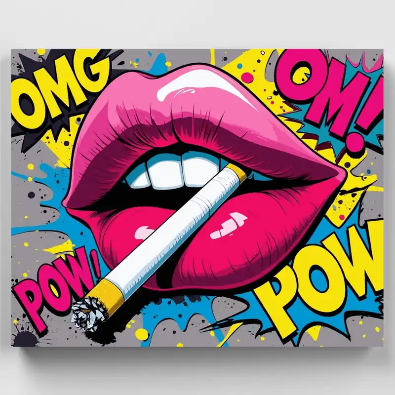 Devolución Gratuita Labios Pop Art con Cigarrillo - Kit de pintar por números - Lienzo Enrollado / 24 Colores