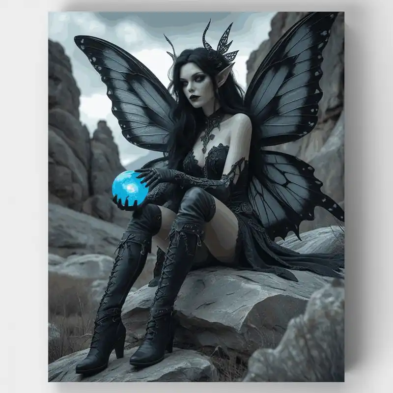 Hada Gótica Oscura con Orbe Azul Místico - Kit de pintar por números - Lienzo Enrollado / 24 Colores Envío Exprés