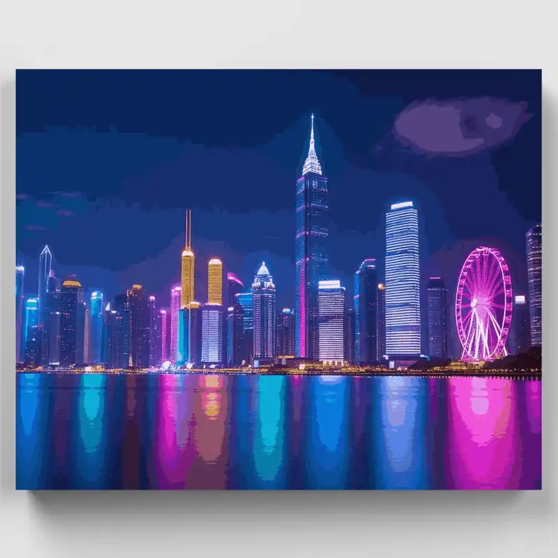 Kit de pintar por números - Horizonte de Ciudad Neón en la Noche - Lienzo Enrollado / 24 Colores Precio De Fábrica