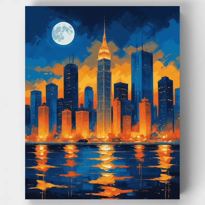 Kit de pintar por números del Horizonte de la Ciudad de Nueva York de Noche - Lienzo Enrollado / 24 Colores Promoción Exclusiva