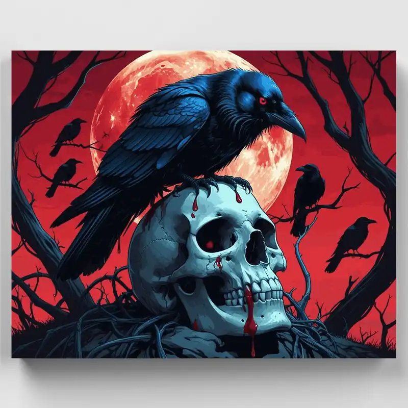 Profesional Cuervo Gótico en Calavera con Luna de Sangre - Kit de pintar por números - Lienzo Enrollado / 24 Colores