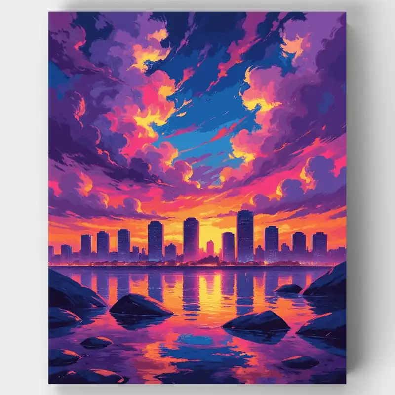 Kit de pintar por números - Horizonte Urbano Vibrante al Atardecer - Lienzo Enrollado / 24 Colores Barato