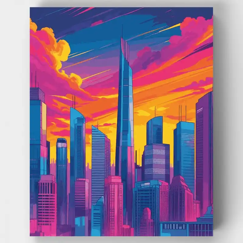 Kit de pintar por números - Horizonte de Ciudad Neón Vibrante - Lienzo Enrollado / 24 Colores Profesional
