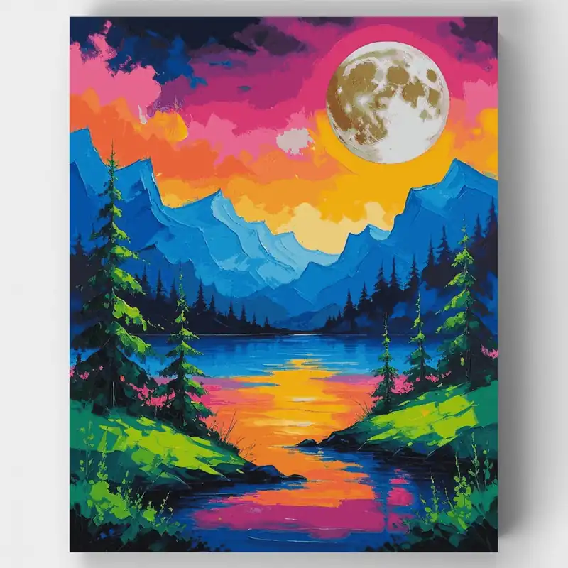 Entrega Rápida Kit de pintar por números Amanecer Lunar en Lago de Montaña Vibrante - Lienzo Enrollado / 24 Colores