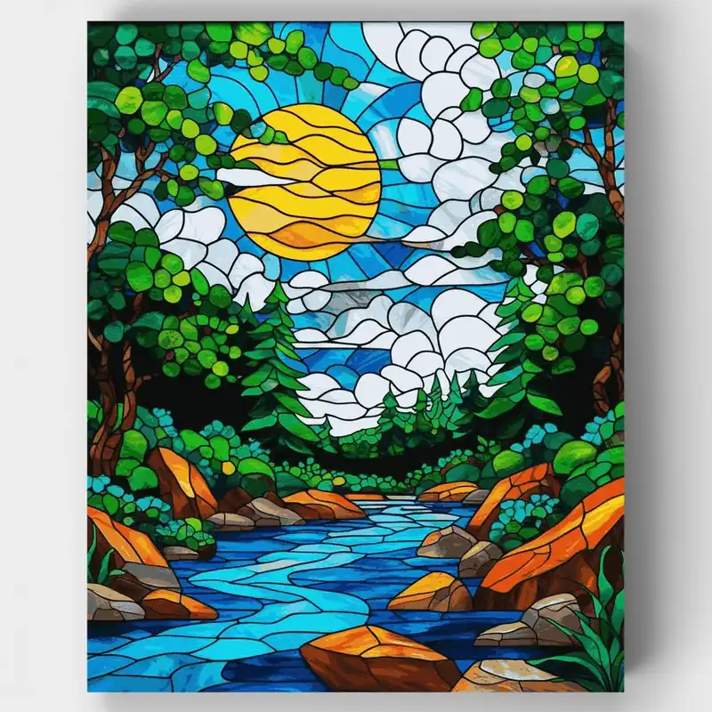 Escena de la Naturaleza en Vitral - Kit de pintar por números - Lienzo Enrollado / 24 Colores Premium