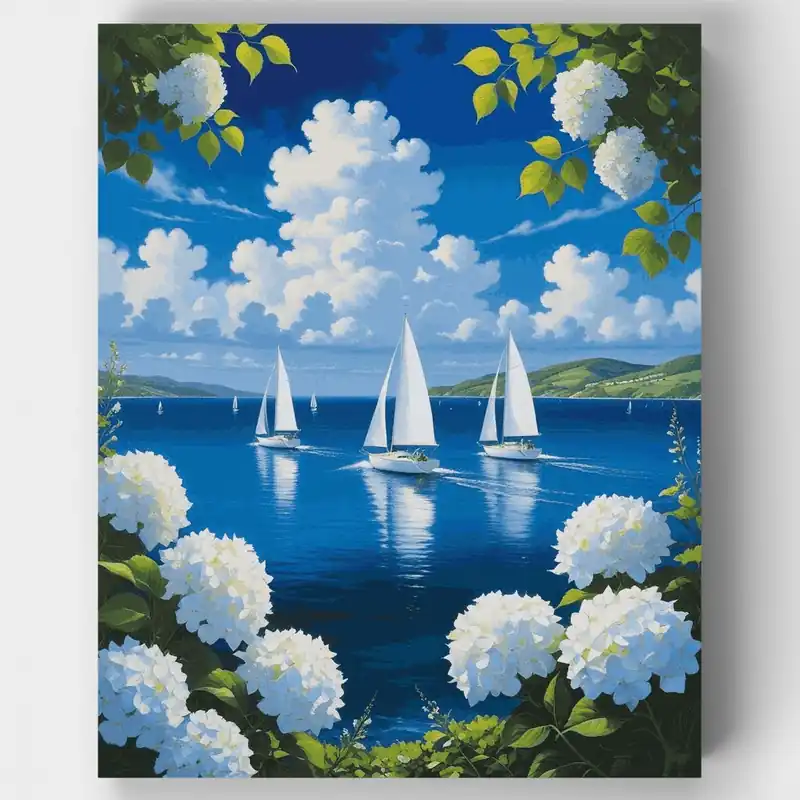 Hecho A Mano Veleros y Hortensias Paisaje Marino - Kit de pintar por números - Lienzo Enrollado / 24 Colores