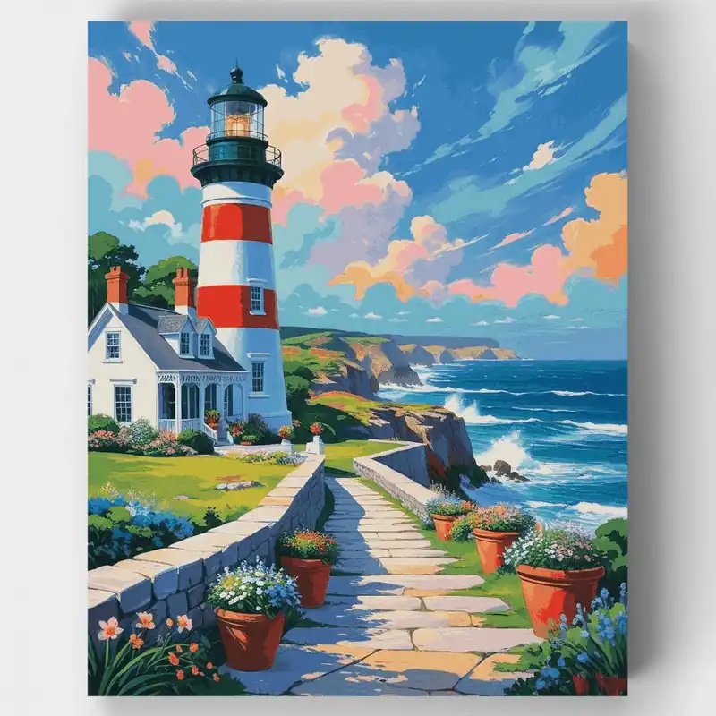 Stock Limitado Kit de pintar por números Jardín del Faro Costero - Lienzo Enrollado / 24 Colores