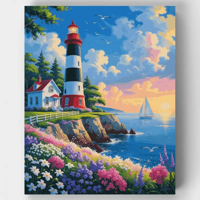 Faro Costero con Jardín Floreciente - Kit de pintar por números - Lienzo Enrollado / 24 Colores Entrega Rápida