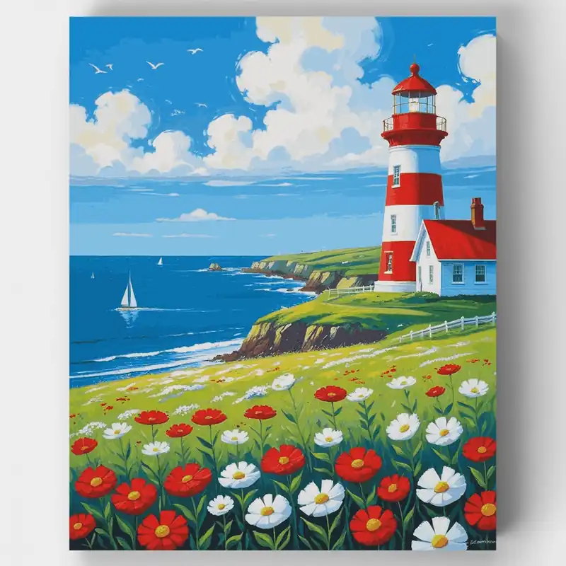 Stock Limitado Faro Costero con Flores Silvestres - Kit de pintar por números - Lienzo Enrollado / 24 Colores