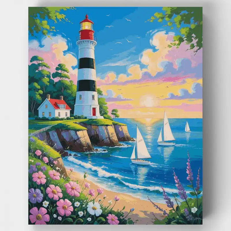 Faro Costero al Atardecer - Kit de pintar por números - Lienzo Enrollado / 24 Colores Mayoreo