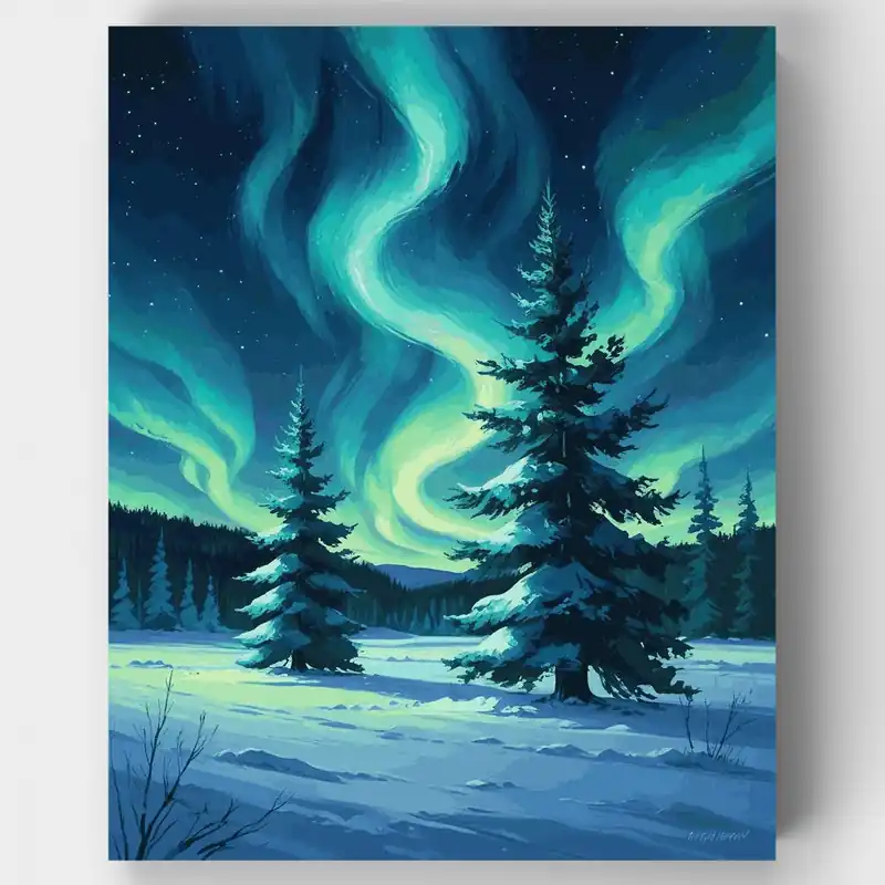 Bosque Invernal de Aurora Boreal - Kit de pintar por números - Lienzo Enrollado / 24 Colores Precio Reducido