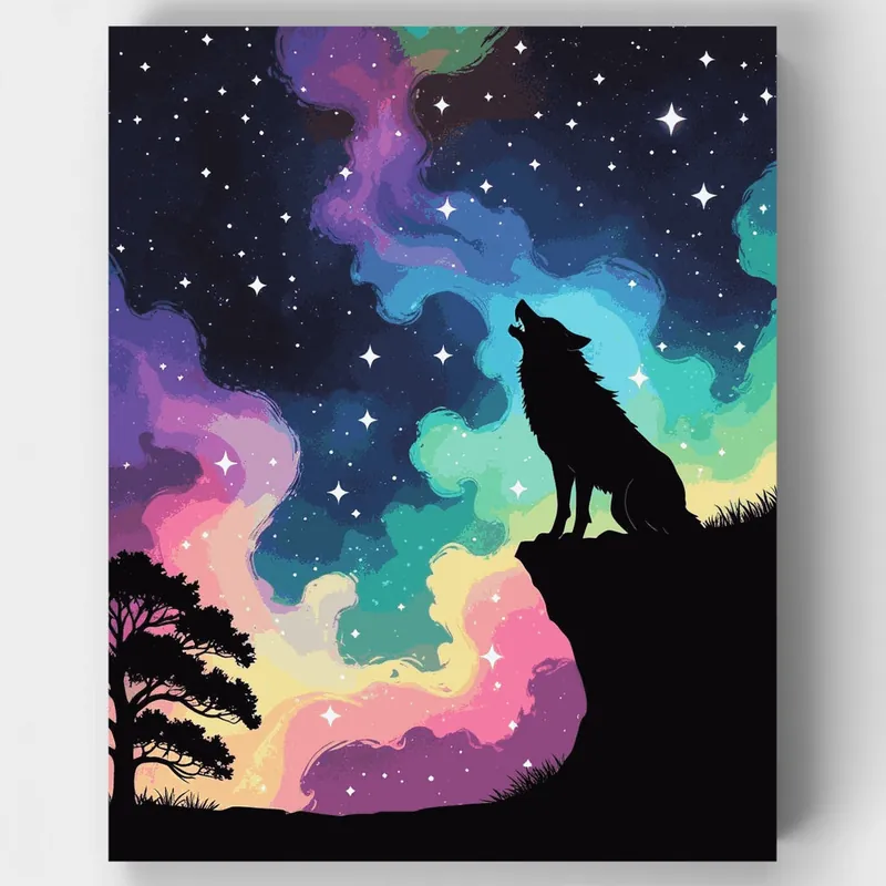 Garantía Incluida Lobo Aullando Bajo Aurora Boreal - Kit de pintar por números - Lienzo Enrollado / 24 Colores