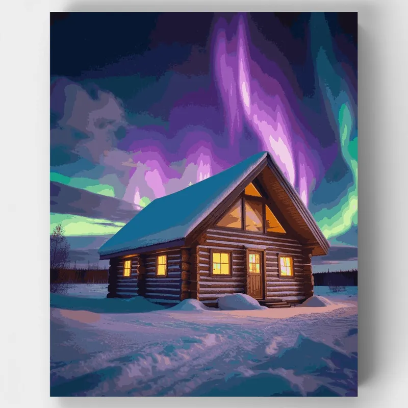 Cabaña de Aurora Boreal - Kit de pintar por números - Lienzo Enrollado / 24 Colores Precio Bajo