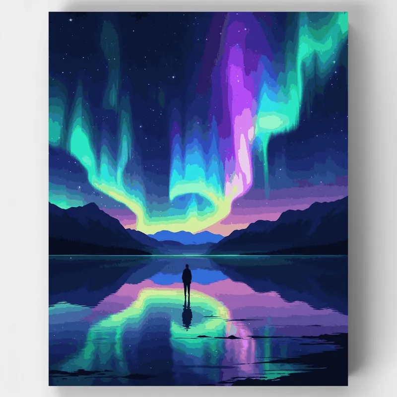Premium Kit de pintar por números Escena de Soledad Reflejo Aurora - Lienzo Enrollado / 24 Colores