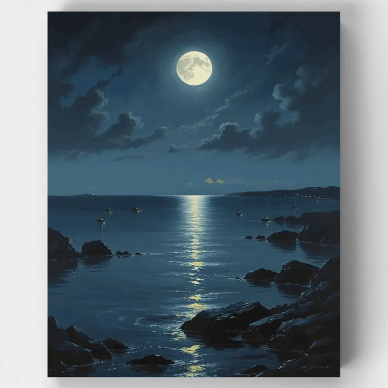 Puerto Sereno a la Luz de la Luna - Kit de pintar por números - Lienzo Enrollado / 24 Colores Envío Exprés