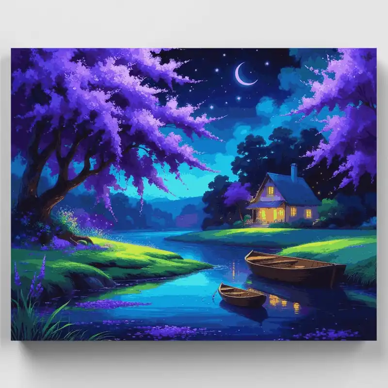 Cabaña a la Luz de la Luna junto al Lago - Kit de pintar por números - Lienzo Enrollado / 24 Colores Promoción