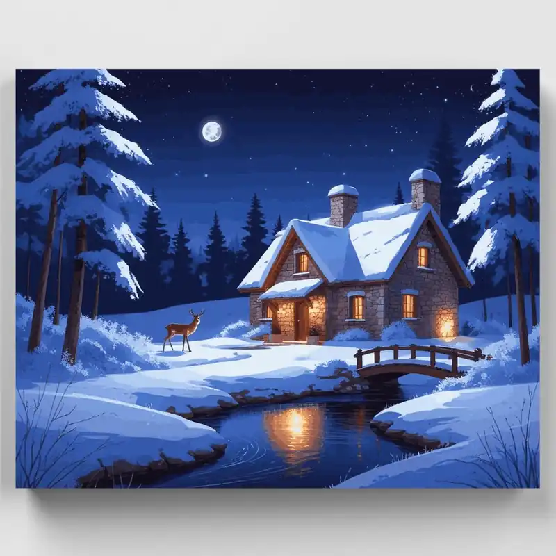 Escena Nocturna de Cabaña de Invierno - Kit de pintar por números - Lienzo Enrollado / 24 Colores Artesanal