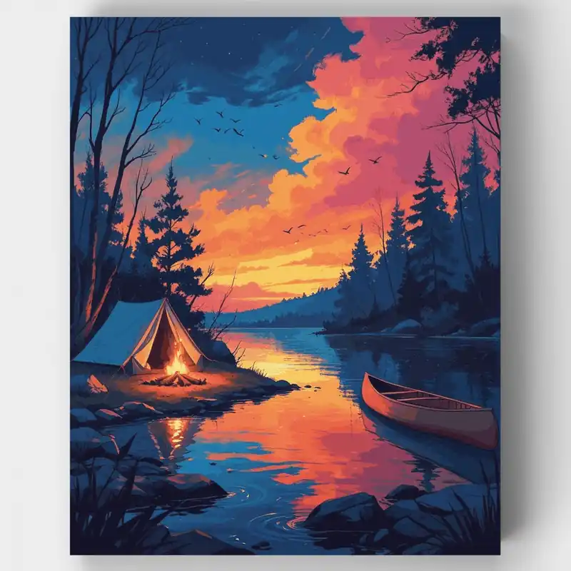 Kit de pintar por números Atardecer de Campamento junto al Lago - Lienzo Enrollado / 24 Colores Mayoreo