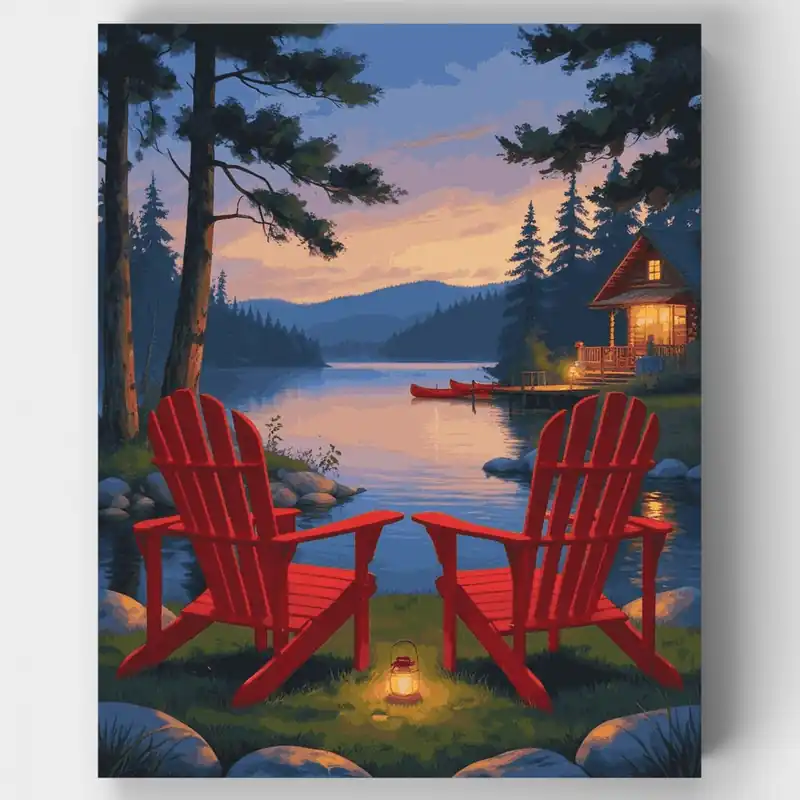 Más Vendido Kit de pintar por números Serenidad Vespertina de Cabaña junto al Lago - Lienzo Enrollado / 24 Colores