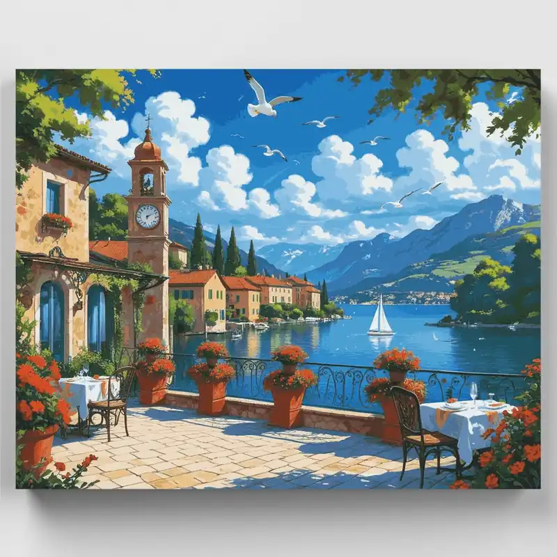 Envío Exprés Terraza Mediterránea junto al Lago - Kit de pintar por números - Lienzo Enrollado / 24 Colores